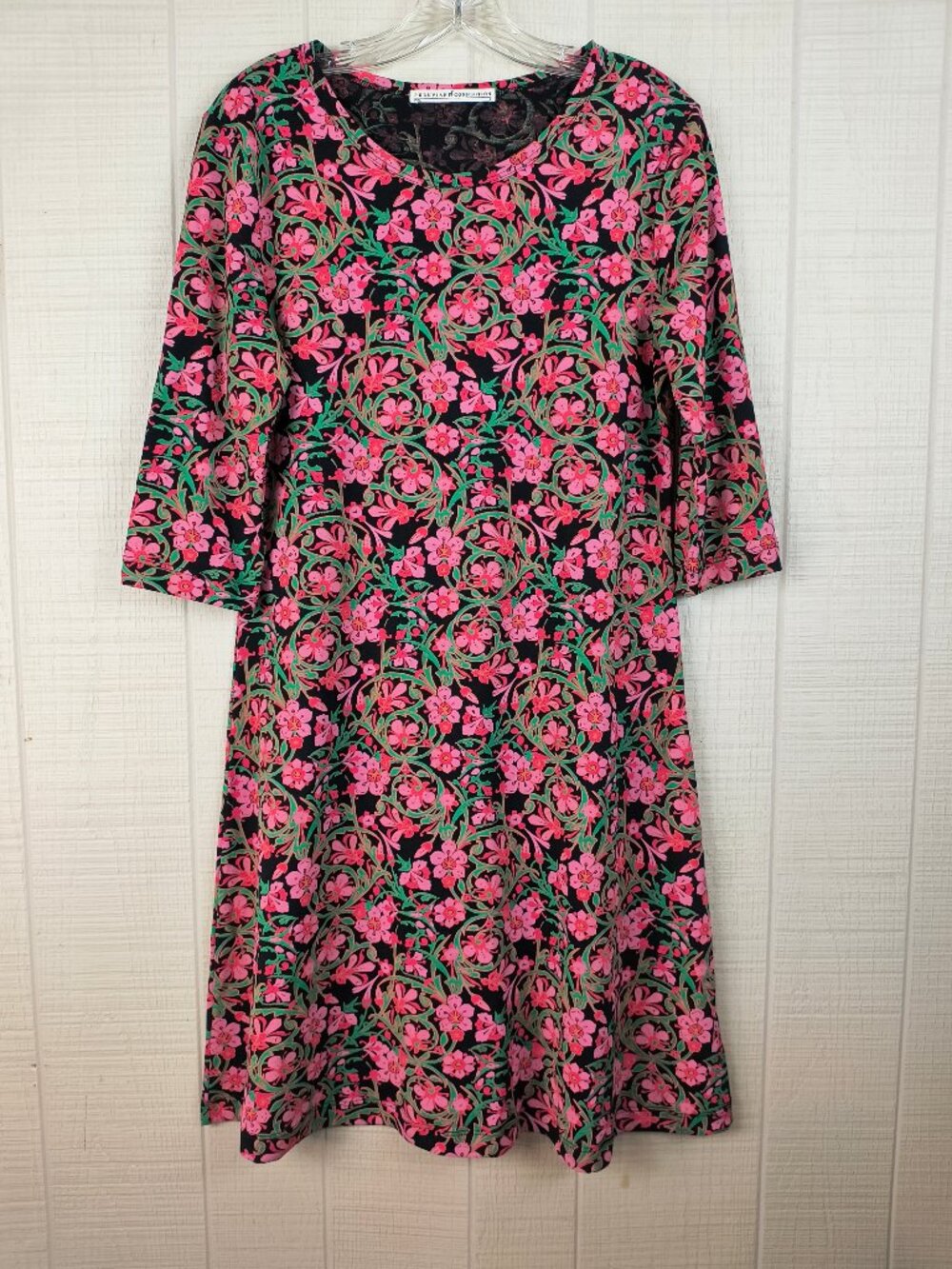 Peruvian Connection Pima Cotton Knit T-Shirt Dress 3/4 Sleeve Pink Floral